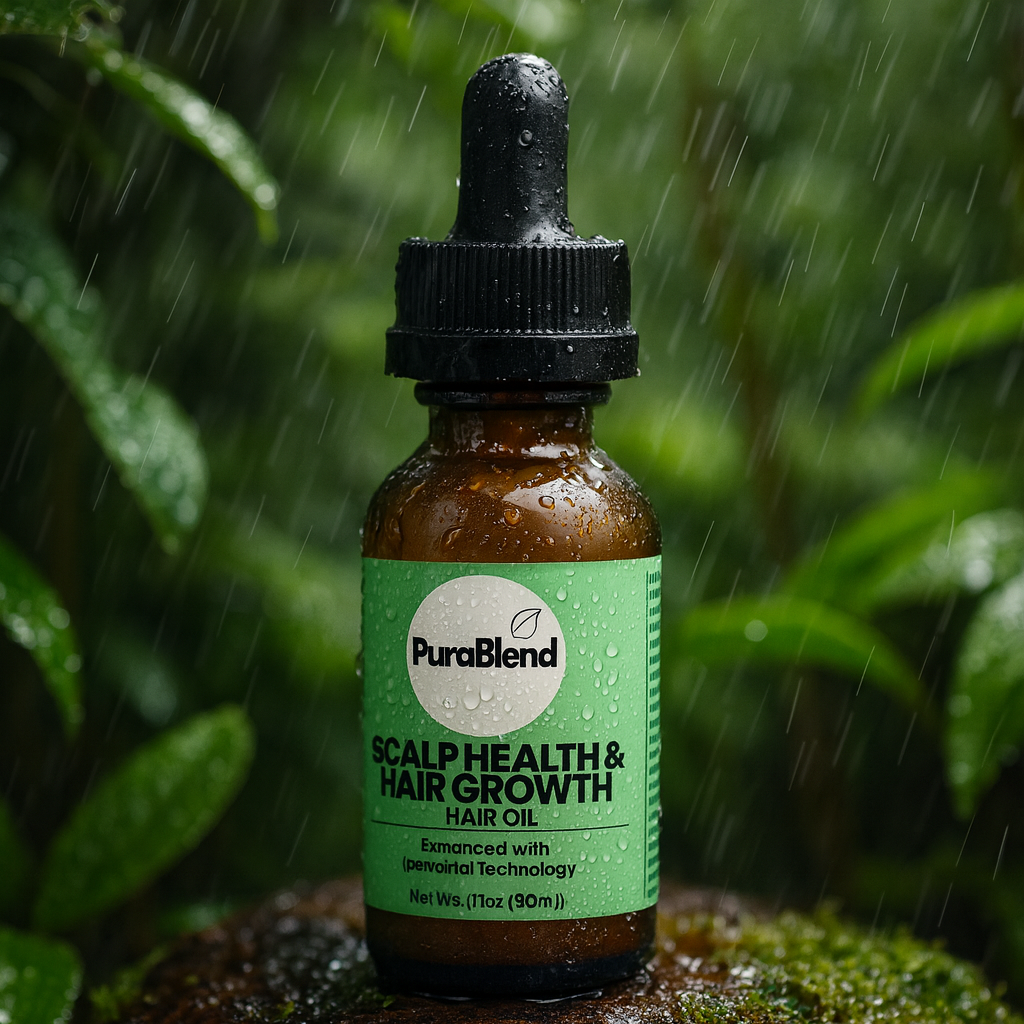 PuraBlend Scalp Health & Hair Growth Hair Oil bottle with dropper on a natural background